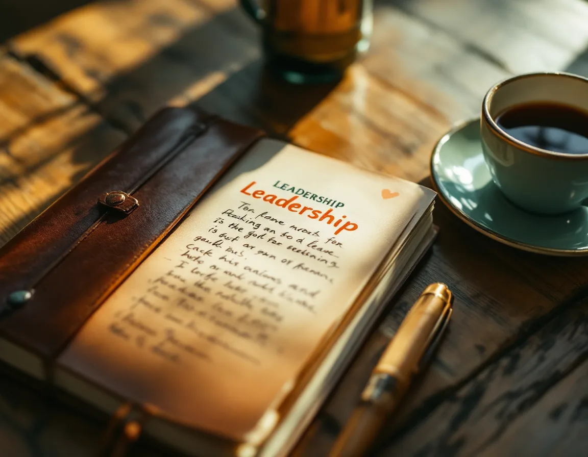 A leadership notebook and pen on a warm wooden desk